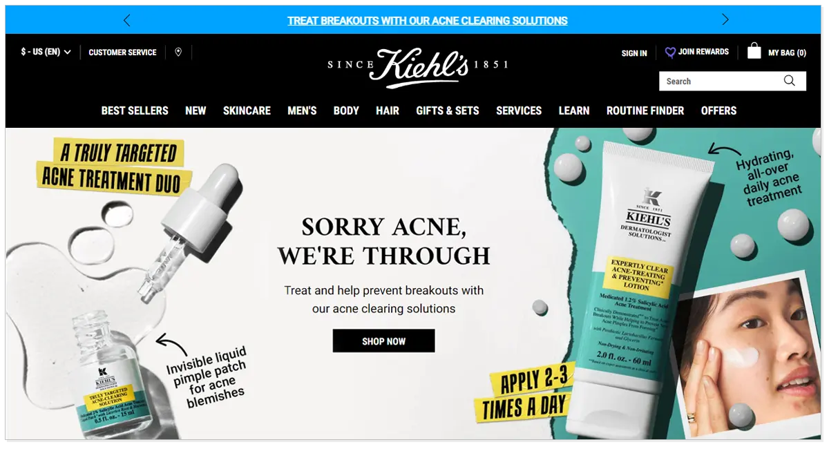 Home page of Kiehl's webpage and its products as well as picture of a girl applying cream on her face