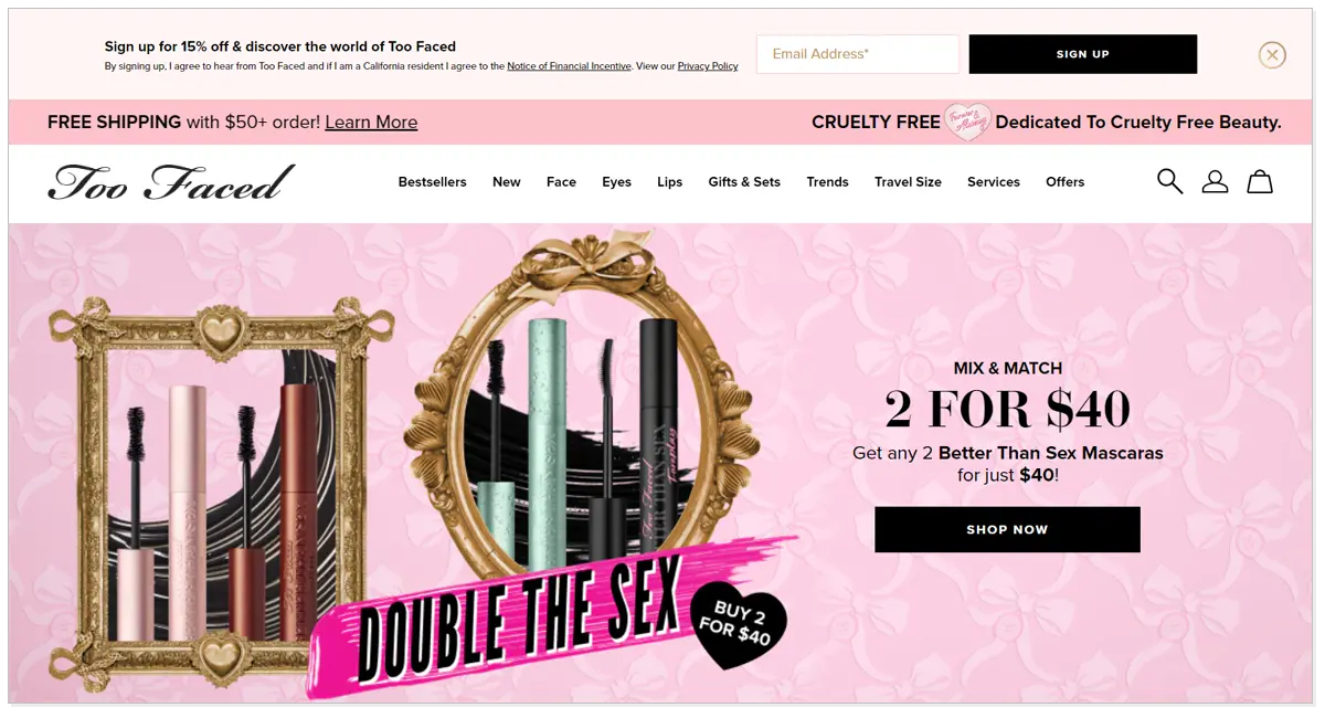Too Faced home page with products and shop now button.