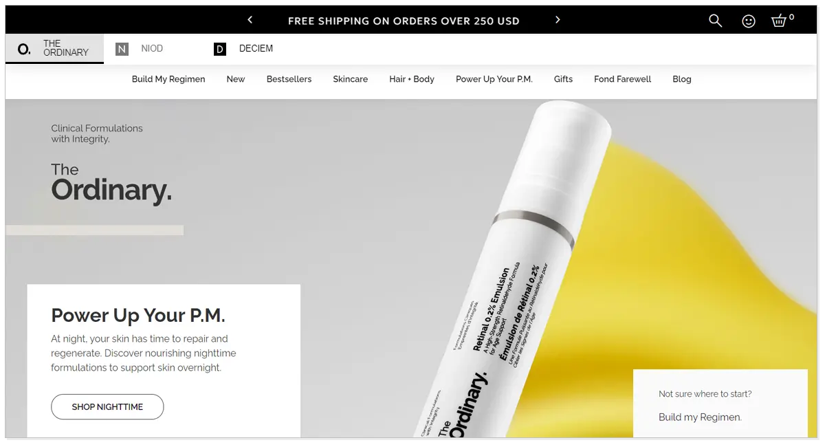 The Ordinary website home page picture a product image of The Ordinary.