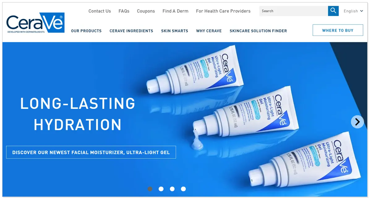 Cerave home page, declaring long lasting hydration and pictures of its product