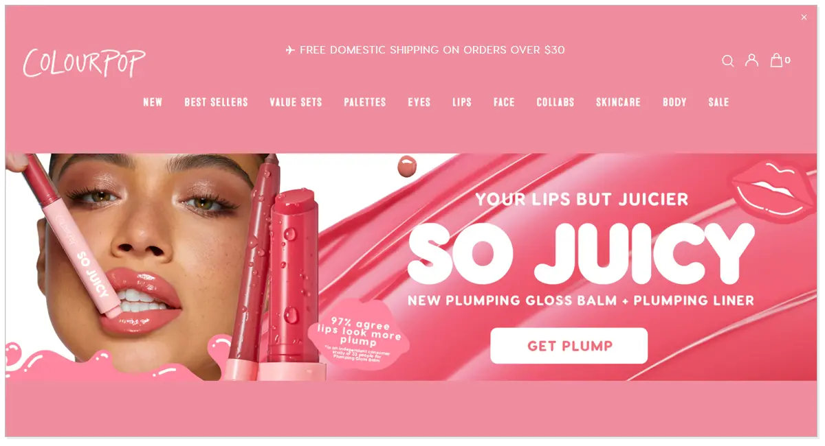 ColourPop home page showcasing a girl with its beauty products and a get pump button .