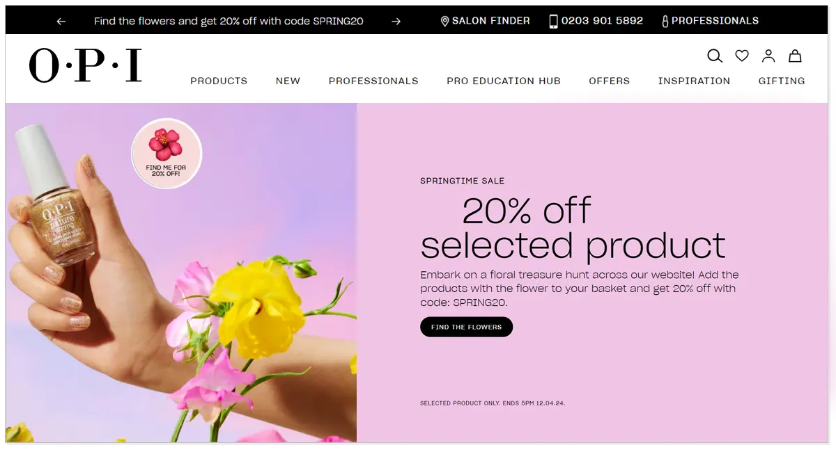 O.P.I home page picture with flowers and a hand holding on O.P.I beauty products as well as spring sale of 20% of