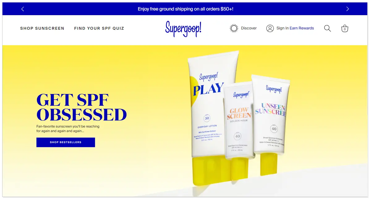 A home page of Supergoop!. It also has the every day lotion, glow screen and unseen sunscreen pictures as well as a shop bestsellers products.
