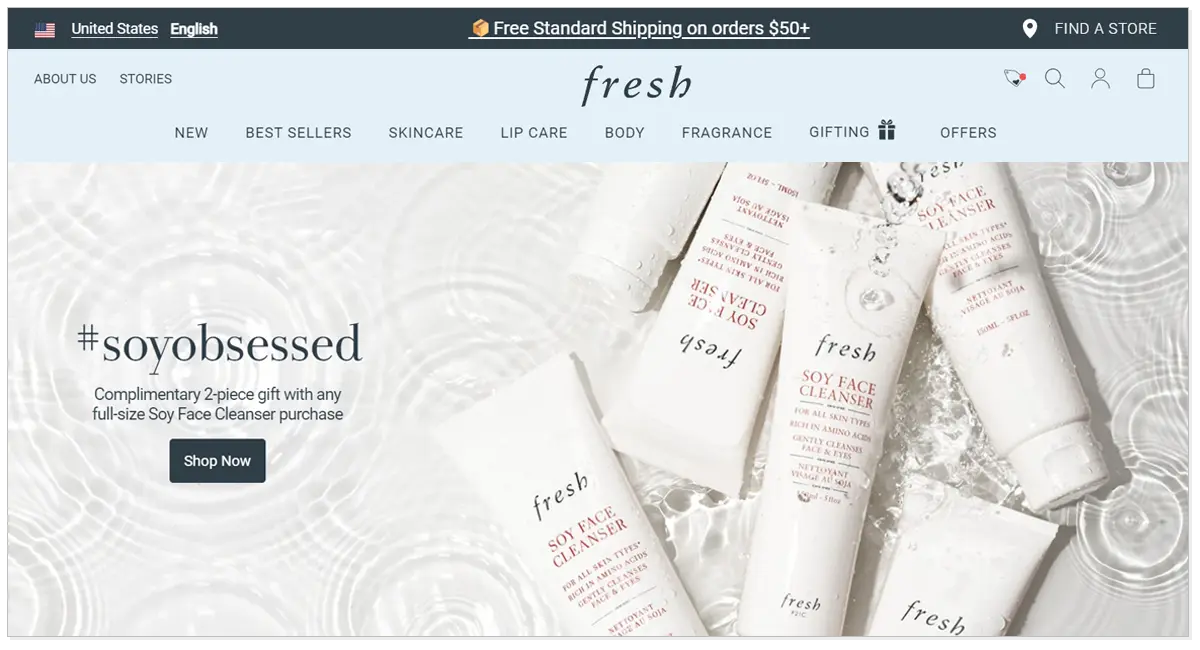 home page of Fresh webpage with the products of Fresh and shop now button