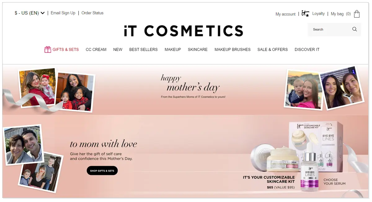 Home page of it Cosmetics with the picture of mother and children and the beauty products of It-Cosmetics
