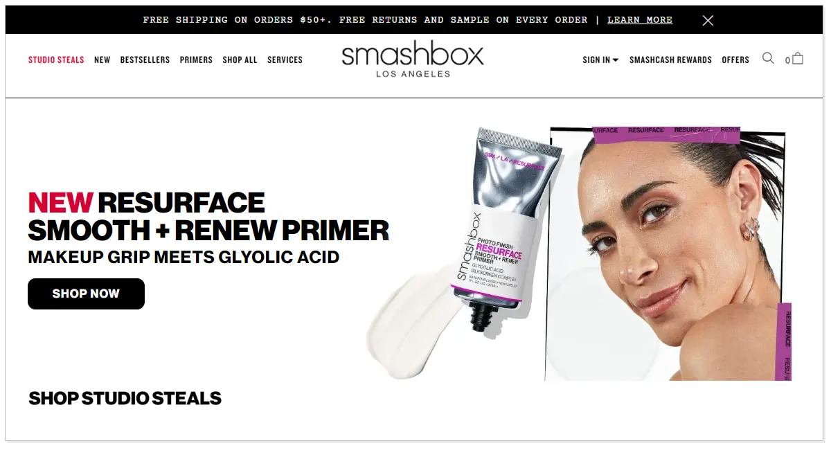 Home page of Smashbox with the picture of Smashbox product with picture of a lady.