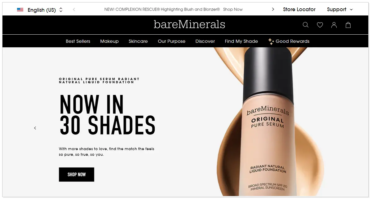A home page of BareMinerals with the picture of bareminerals original pure serum and shop now button