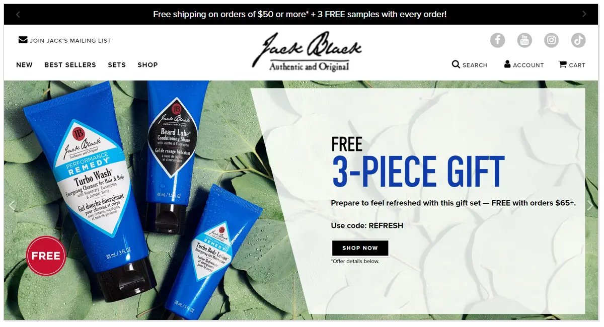 Home page of Jack Black with three piece gift offer and shop now button consisting pictures of Jack Black beauty Products.