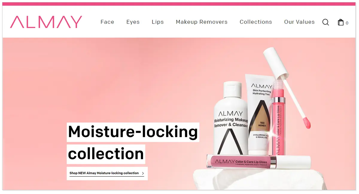 Home page of Almay webpage with Almay Moisturizing makeup cleanser, Skin perfecting Tint an Colo & Care Lip Gloss products