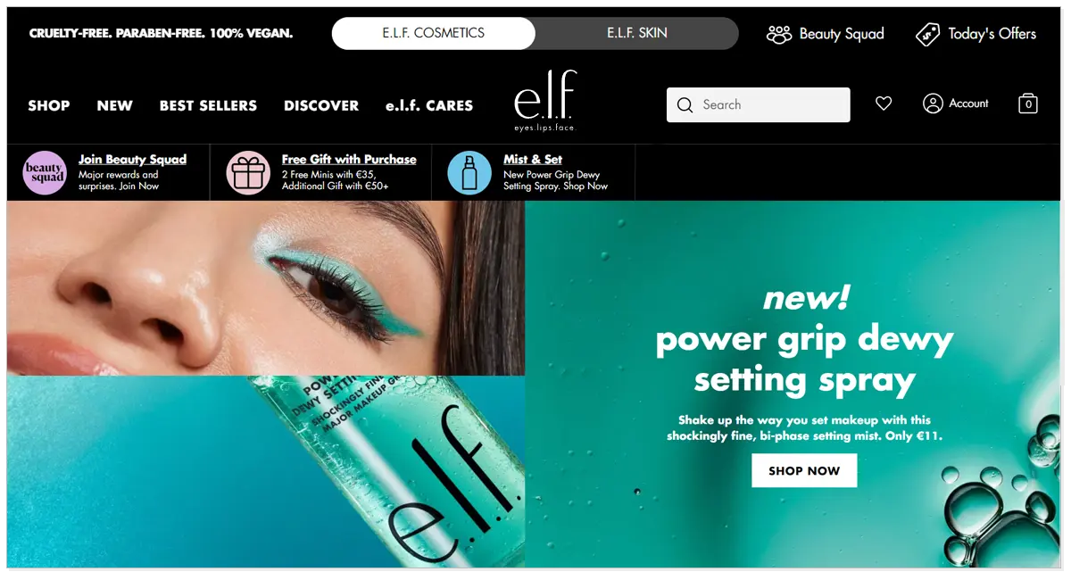 Elf Cosmetics home page with the half picture of a girl and the half picture of the beauty product of Elf Cosmetic with shop now button.