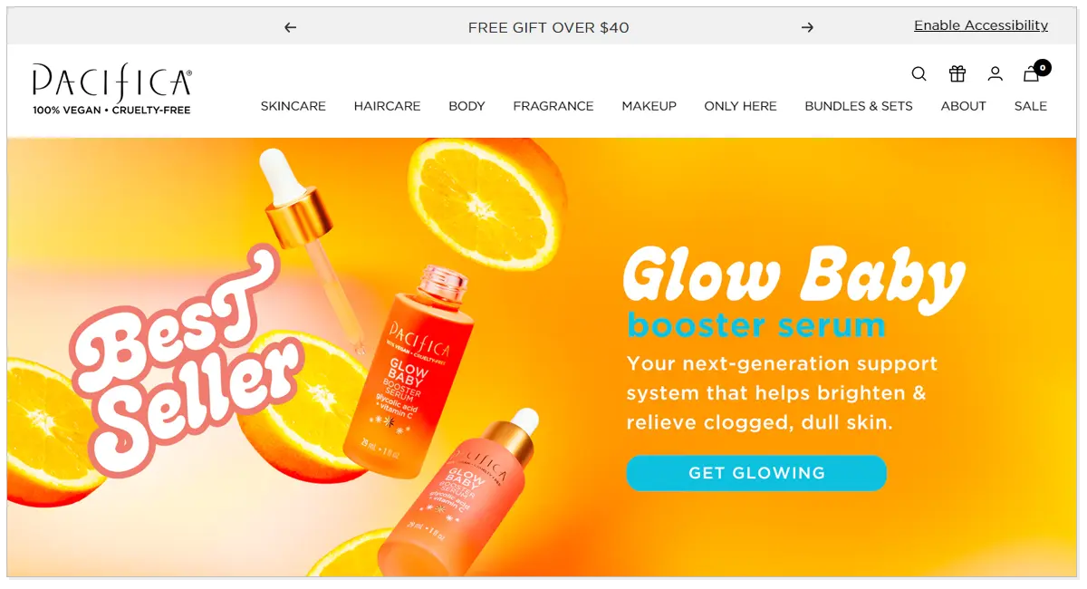 Home page of Pacifca webpage with the picture of sliced Lemons and Pacifica bestseller product.