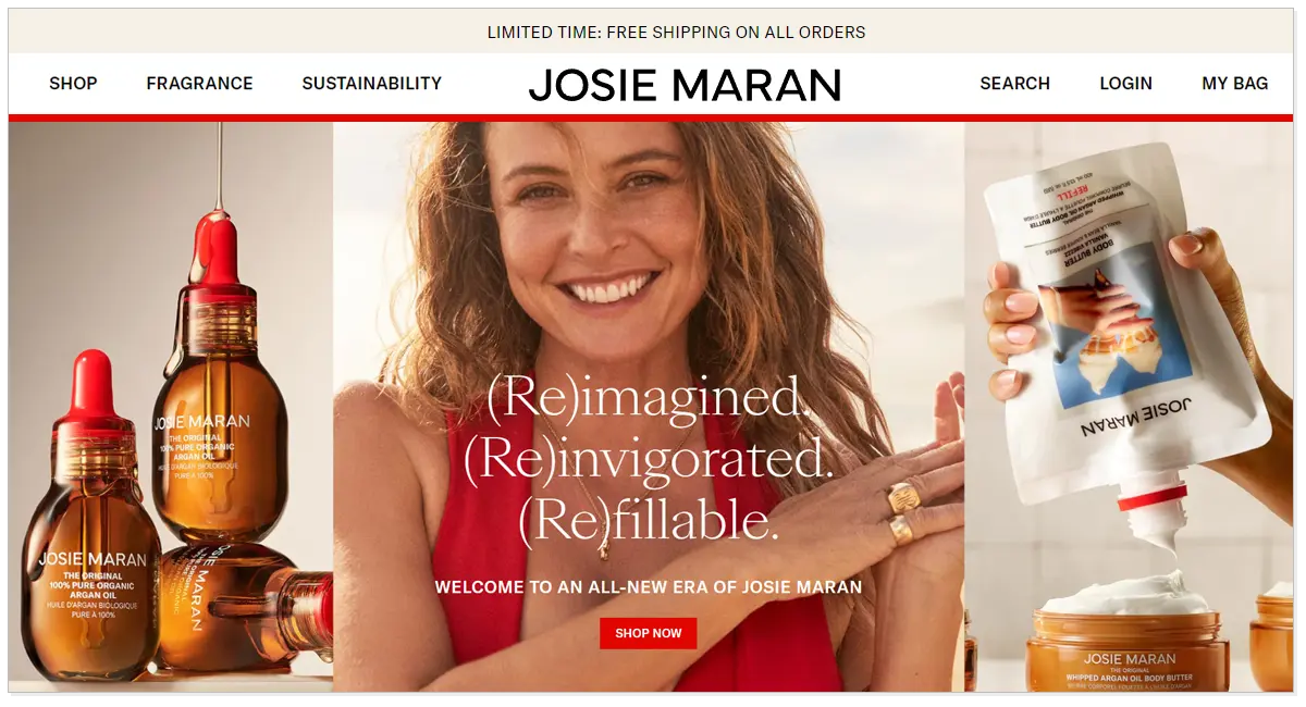 Josie Maran home page with picture of a smiling lady and beauty products of Josie Maran.