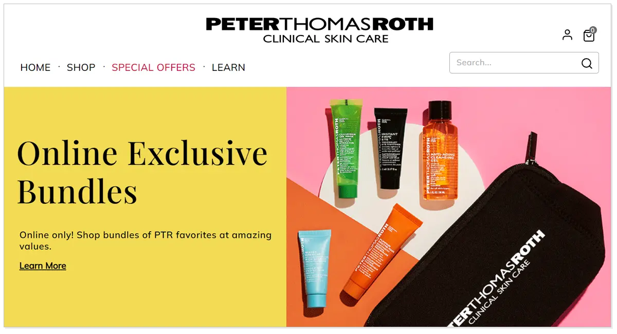 Home page of Peter Thomas Roth website with exclusive bundles of its products and a bag.