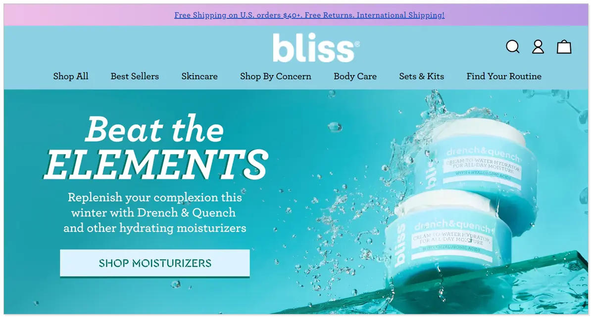 Home page of Bliss with the Bliss product and shop moisturizers button with the message Beat the Elements.
