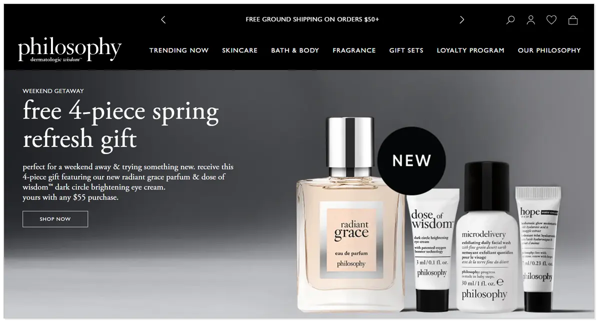 Home page of Philosophy with products of Philosophy and shop now button.