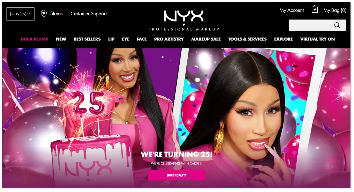Home page of NYX Professional Makeup with the picture of a cake as well as balloon and a lady.