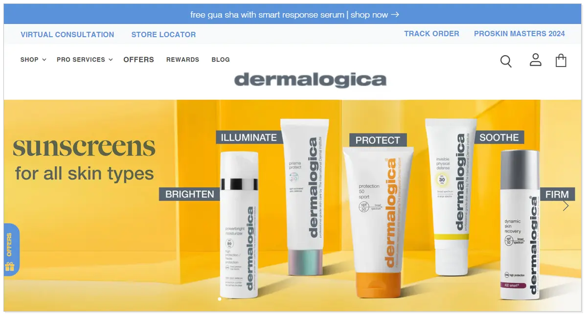 Home page of Dermalogica website with the pictures of Dermalogica products..