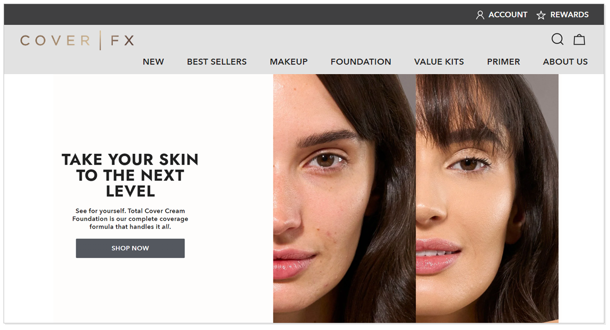 Home page of Cover FX with the picture of two girl one side face comparing with each other and shop now button.