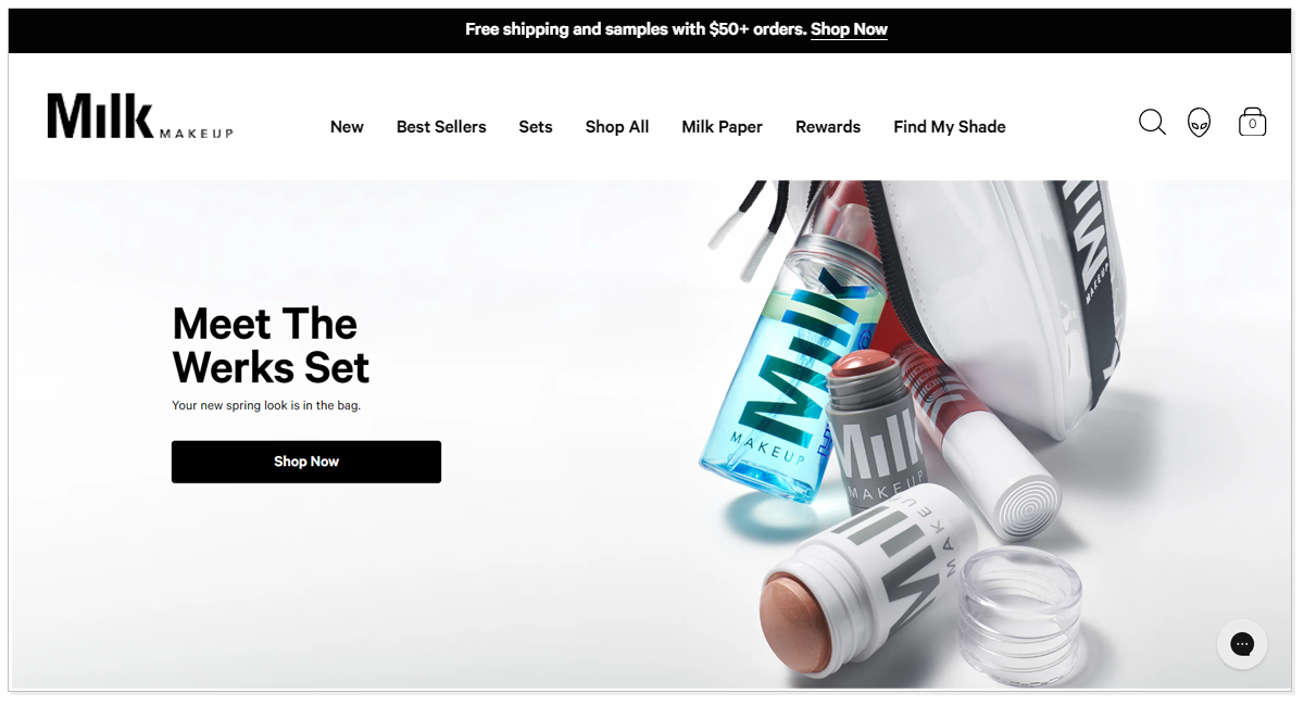 Home page of Milk Makeup with its products picture and shop now button..