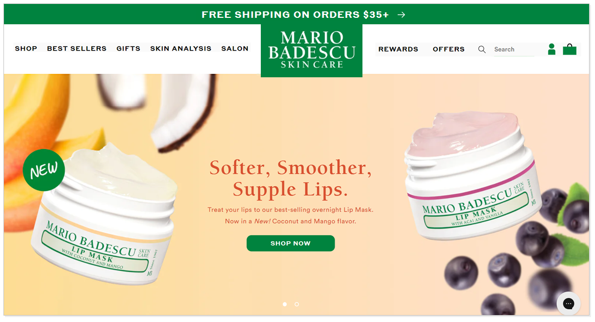 Home page of Mario Badescu with its Lip Mask Skin care and shop now button.