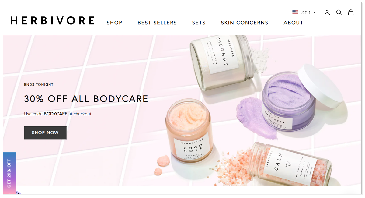 Home page of Herbivore Botanicals and its products pictures and shop now button