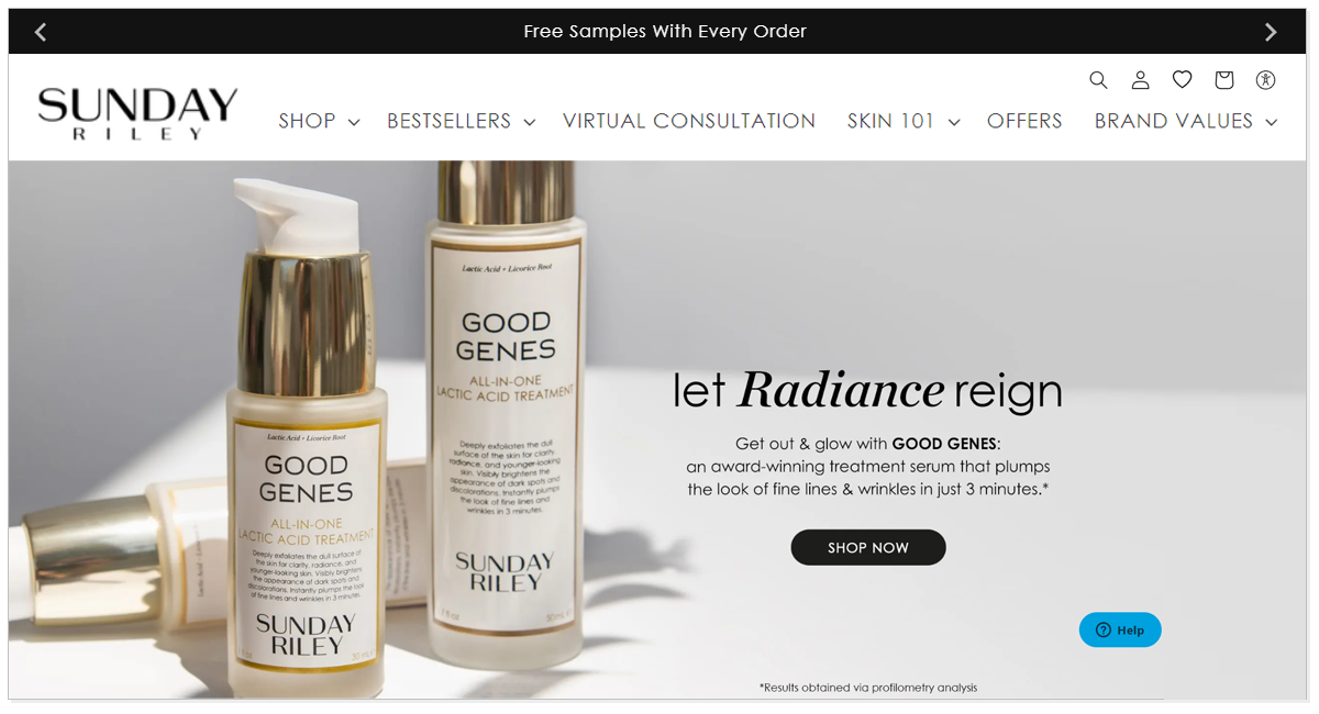 Home page of Sunday Riley with its beauty products and shop now button.