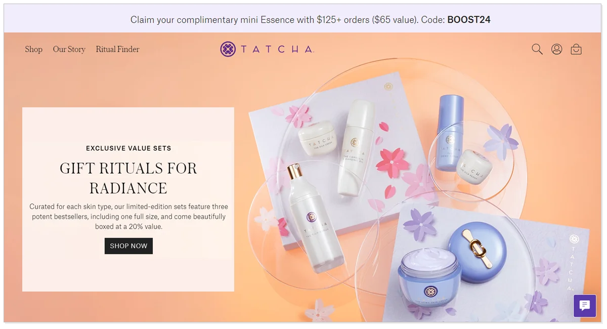 Tatcha home page with its products and shop now button.