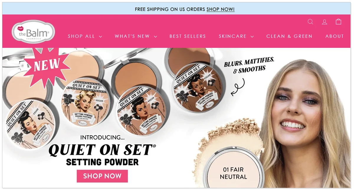 The Balm home page with its product and a picture of a lady.