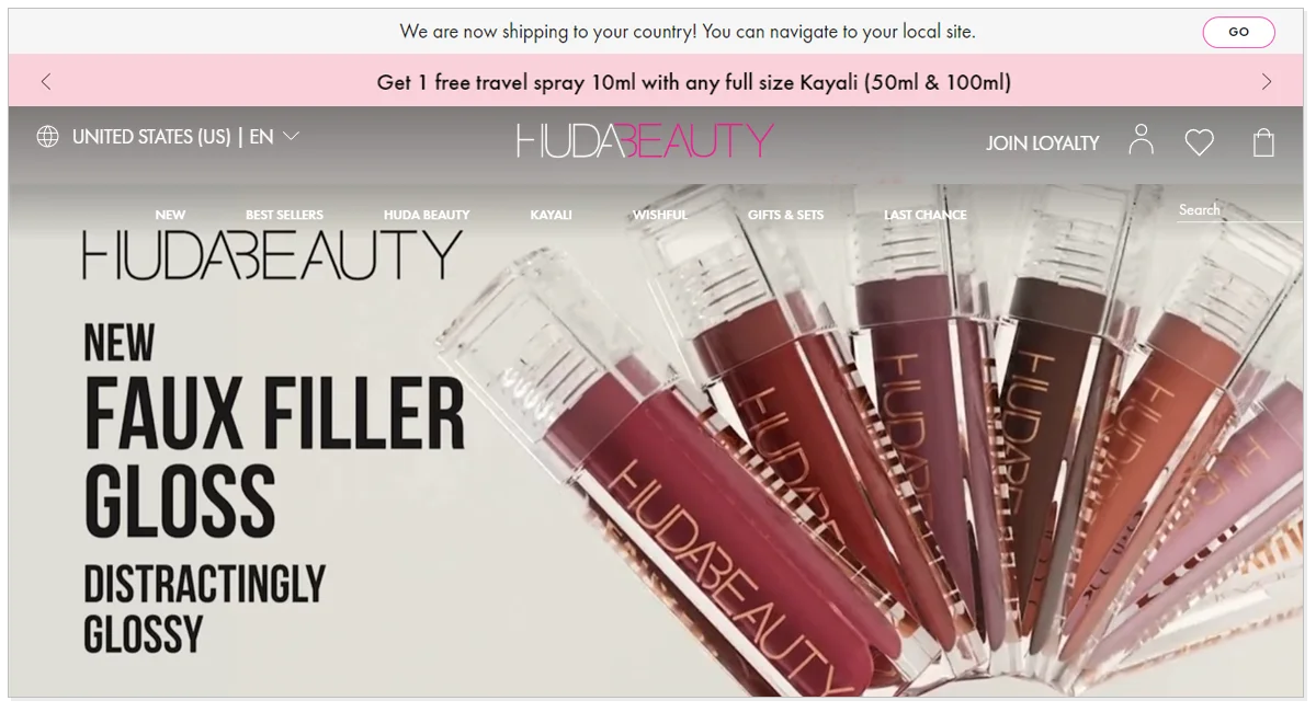 A home page of Huda Beauty and its beauty products.