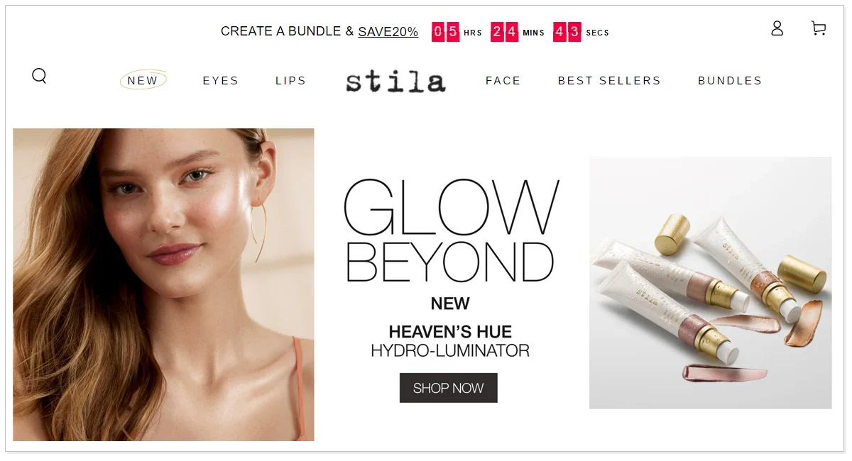 Stila home page and its beauty product as well as a girl model.