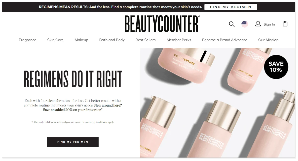 Beautycounter home page with its beauty products and find my regimen button.
