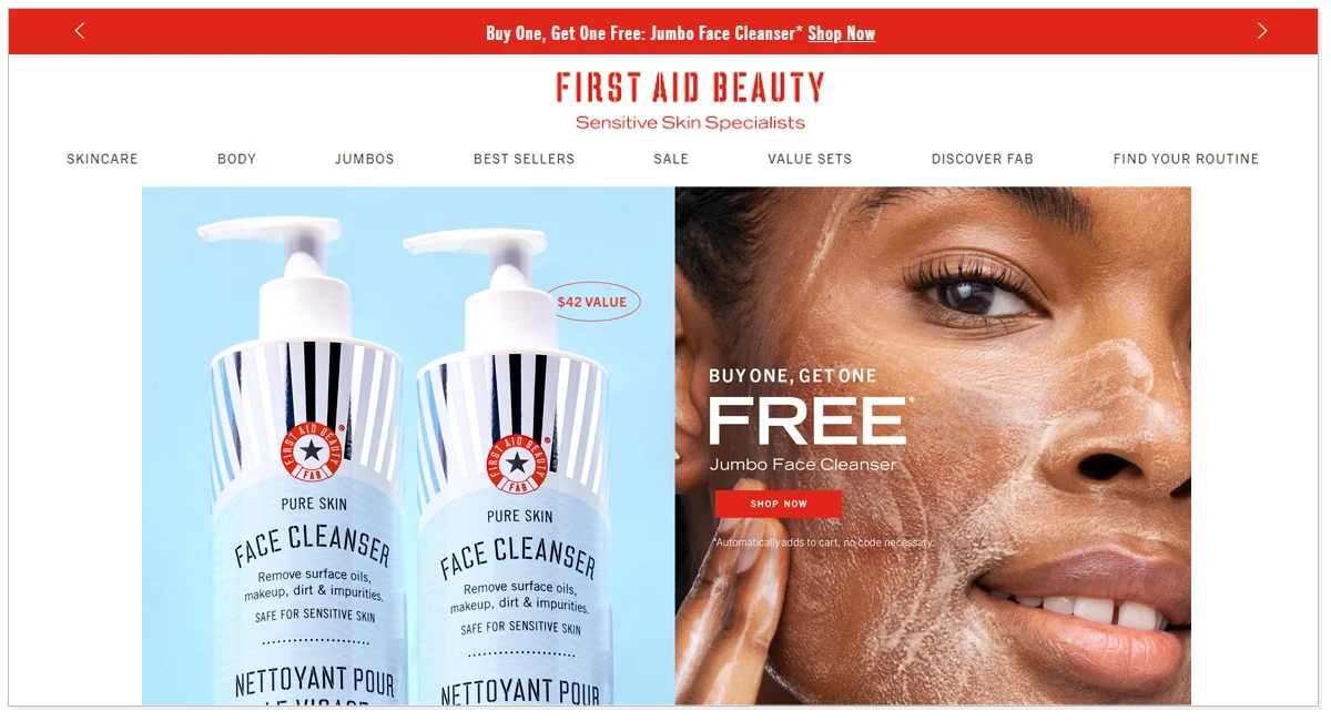 Home page of First Aid Beauty with picture of its beauty product and a girl model applying the product on her face.