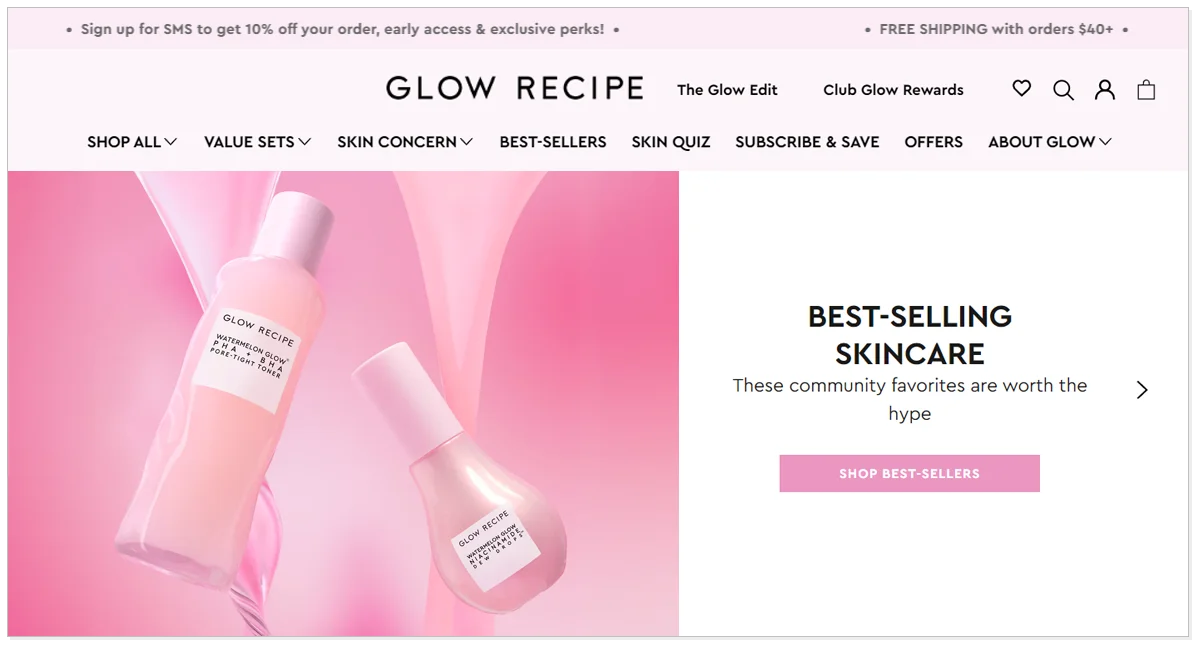 Glow Recipe with its products pictures and shop best-sellers button.