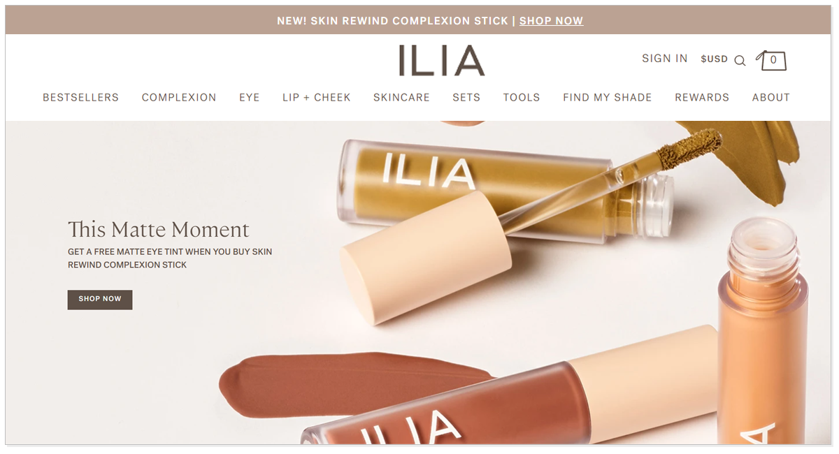 Ilia Beauty and its product picture with the shop now button.