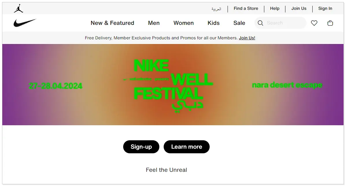A home page of Nike UAE with two buttons Sign up and Learn more.