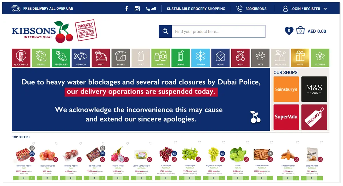 Home page of Kibsons International with the search bar option and its products.