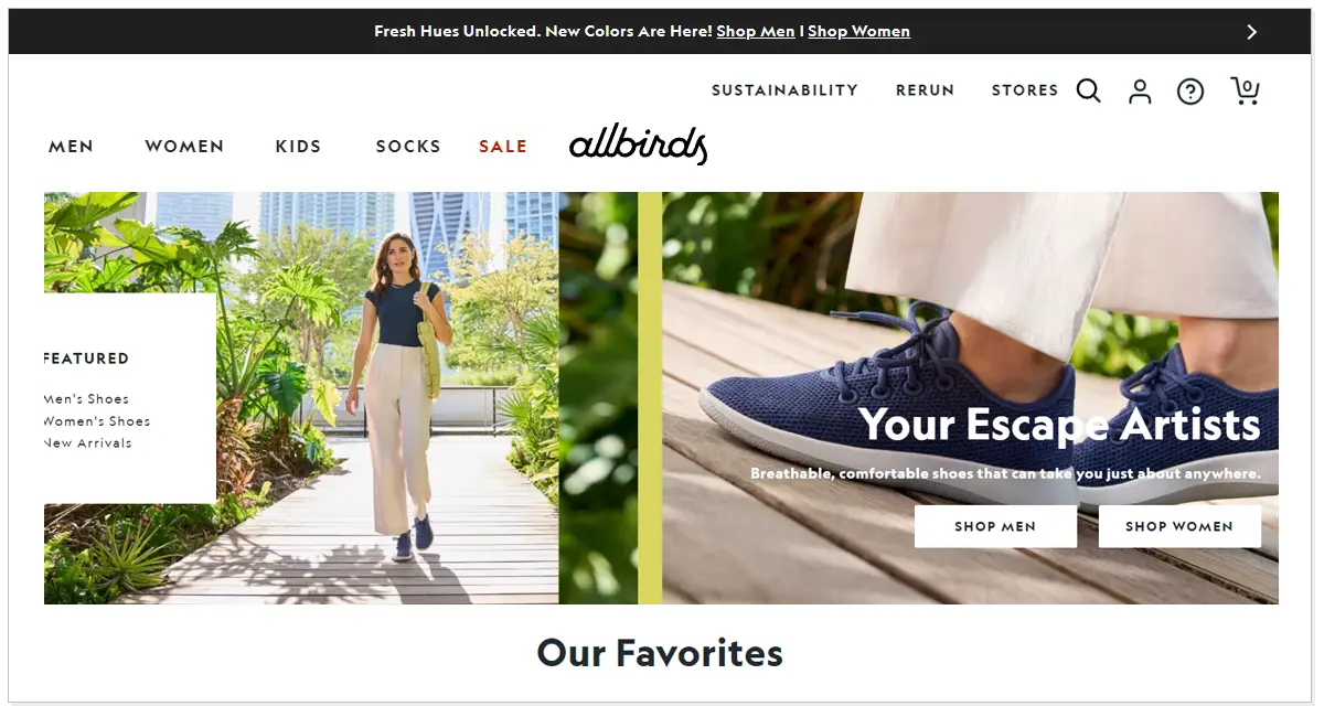 Allbirds home page picture with a picture of a lady and picture of shoes with two buttons one Shop men and another Shop women.