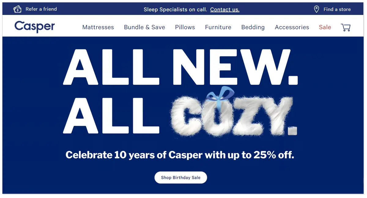 Casper home page showing a message All New, All cozy. With Shop Birthday Sale button.