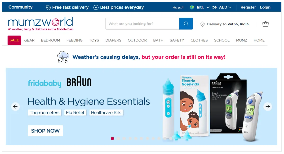Mumzworld home page with its products and a shop now button.