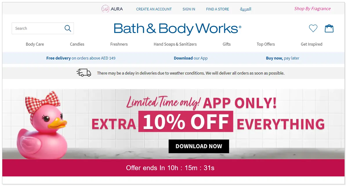 A home page picture of Bath & Body Works UAE with 10% off and a duck toy with download now button.
