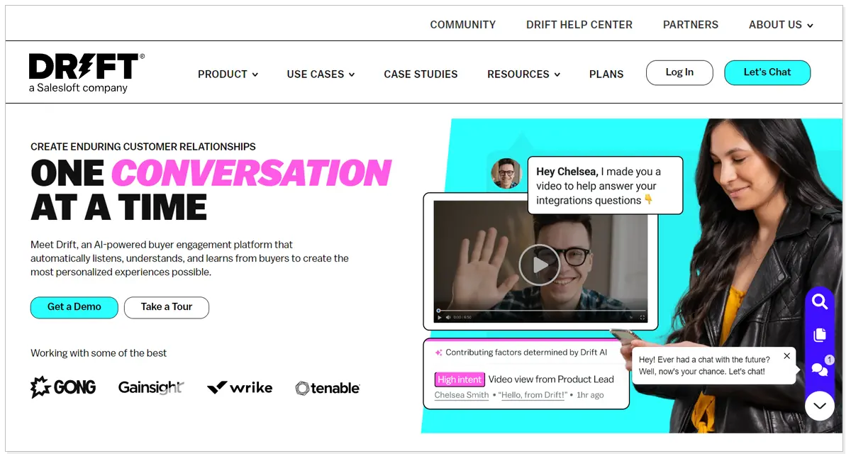 Home page of Drift with the picture of a lady using her phone and a man in a video as well as a Get Demo button and Take Tour button.