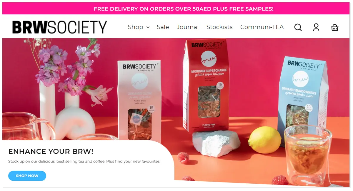 BRW Society home page picture showcasing its beauty products and flowers picture.