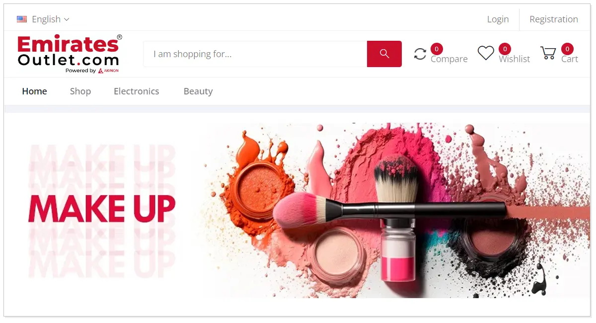 Home page of Emirates Outlet with the picture of beauty products and makeup brush.