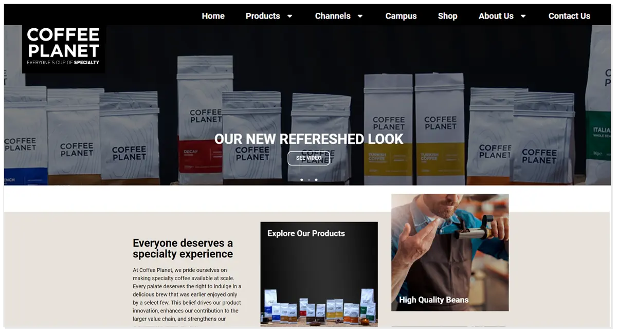 A home page of Coffee Planet with Coffee Planet products and a picture of a man.