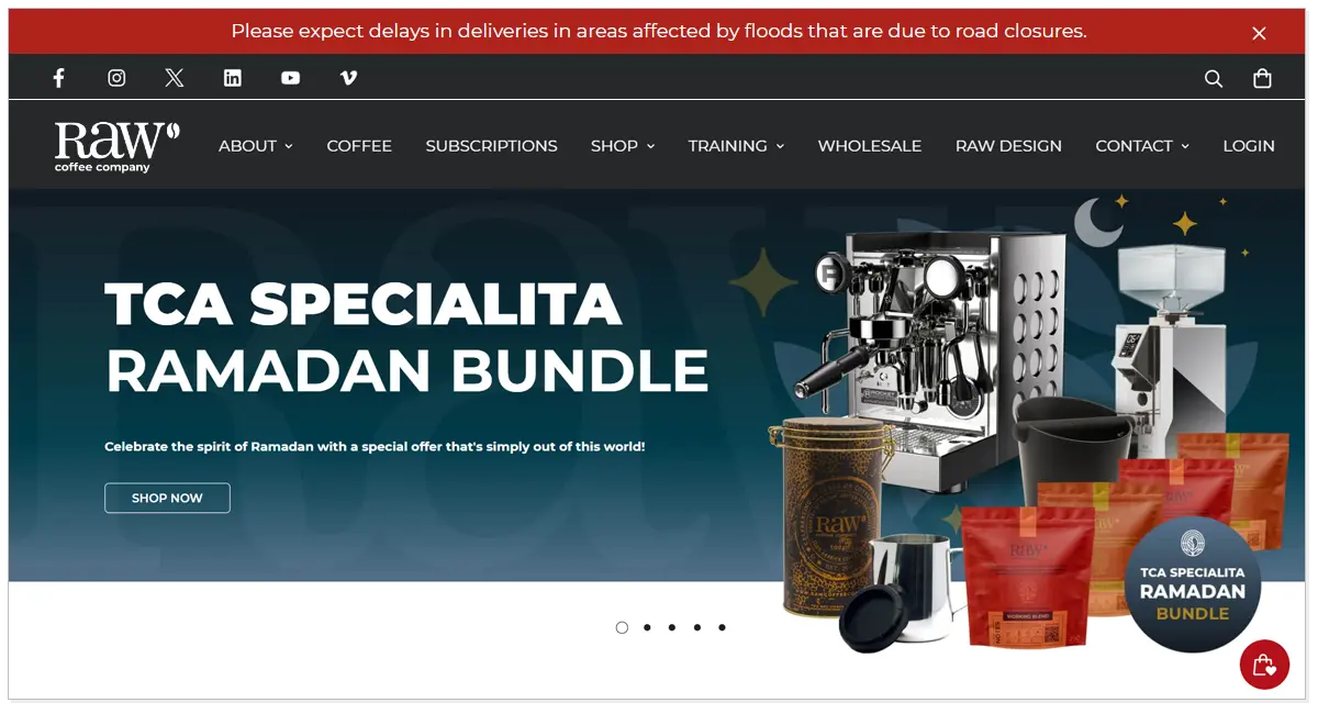 A home page of Raw Coffee Company and its products picture with Shop No button.