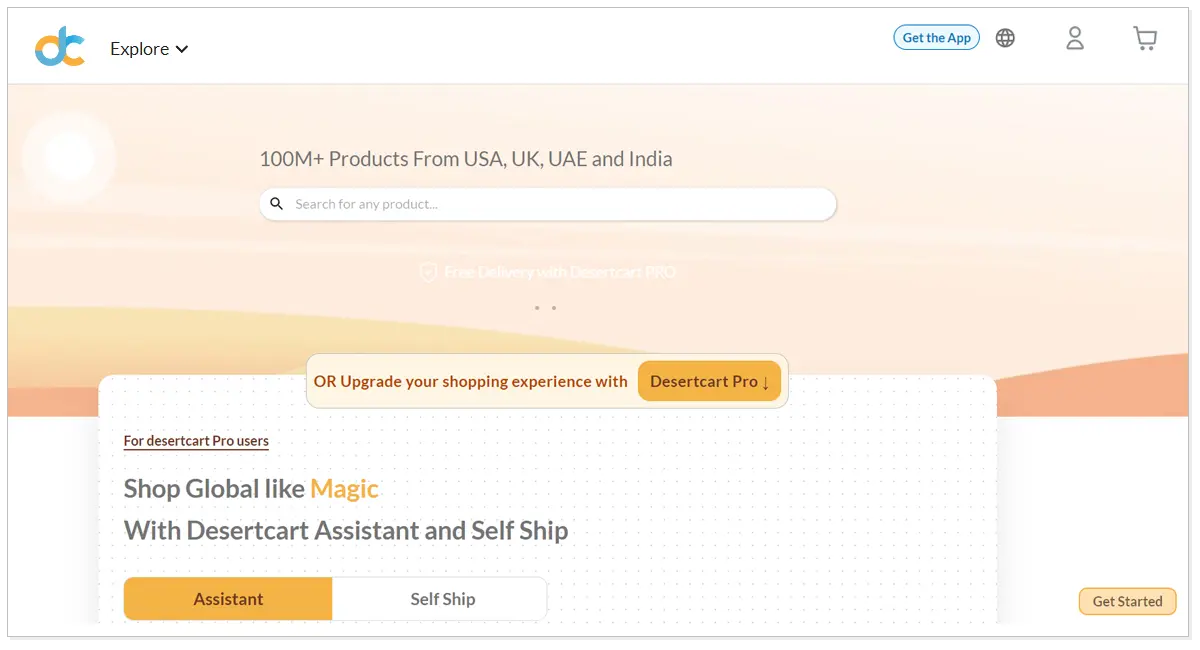 Desertcart hme page with a search bar and Get Started button.