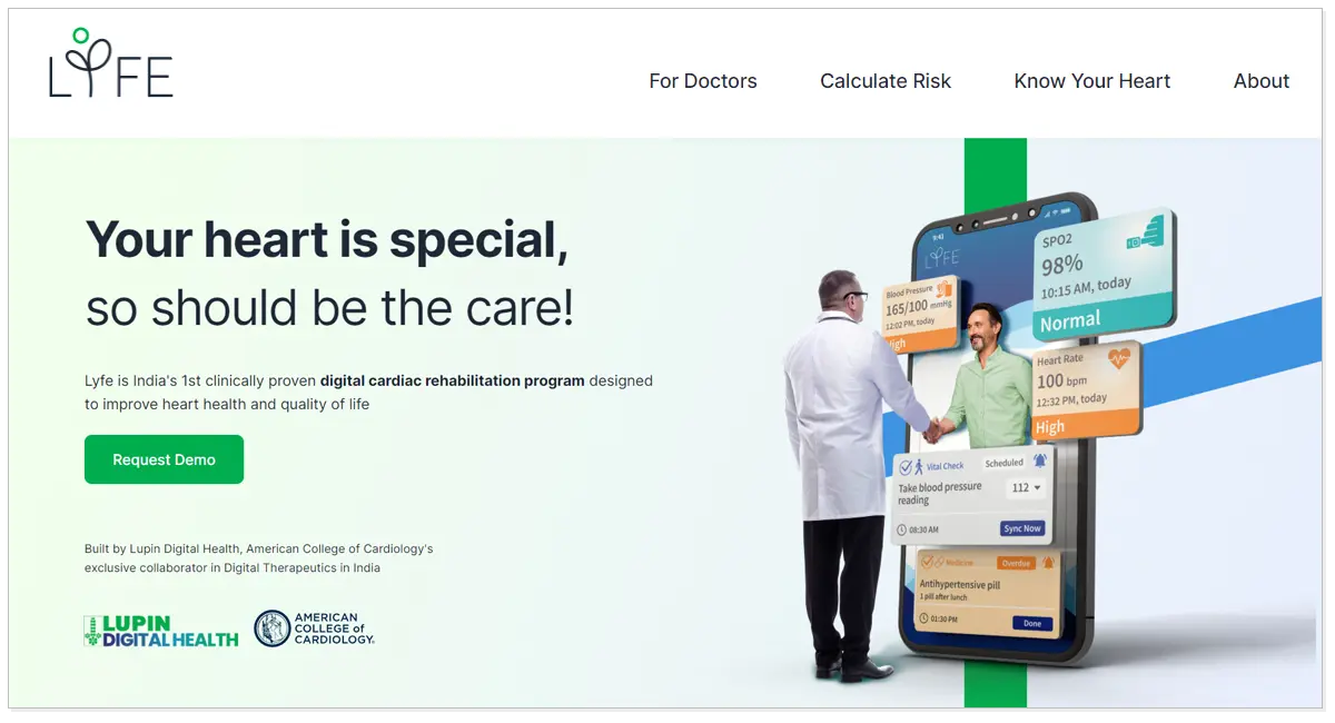 A home page of Lyfe with a picture of a doctor shacking hand with a man and a Request Demo button.