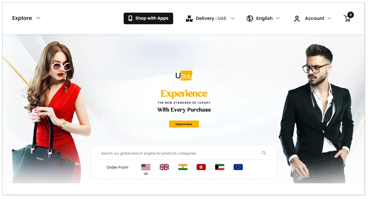 Home page of Ubuy UAE with picture of a lady in one side and a picture of a man on the other side with Explore Now.