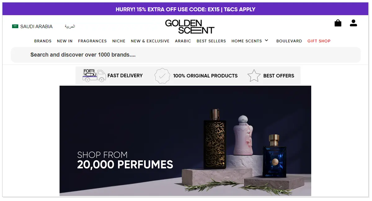 Home page of Golden Scent with its beauty products.