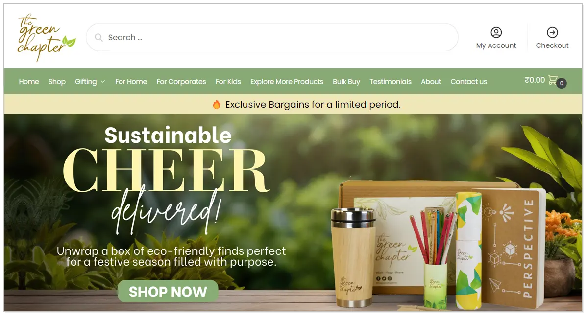 My Green Chapter home page with the pictures of its beauty products and Shop Now button.